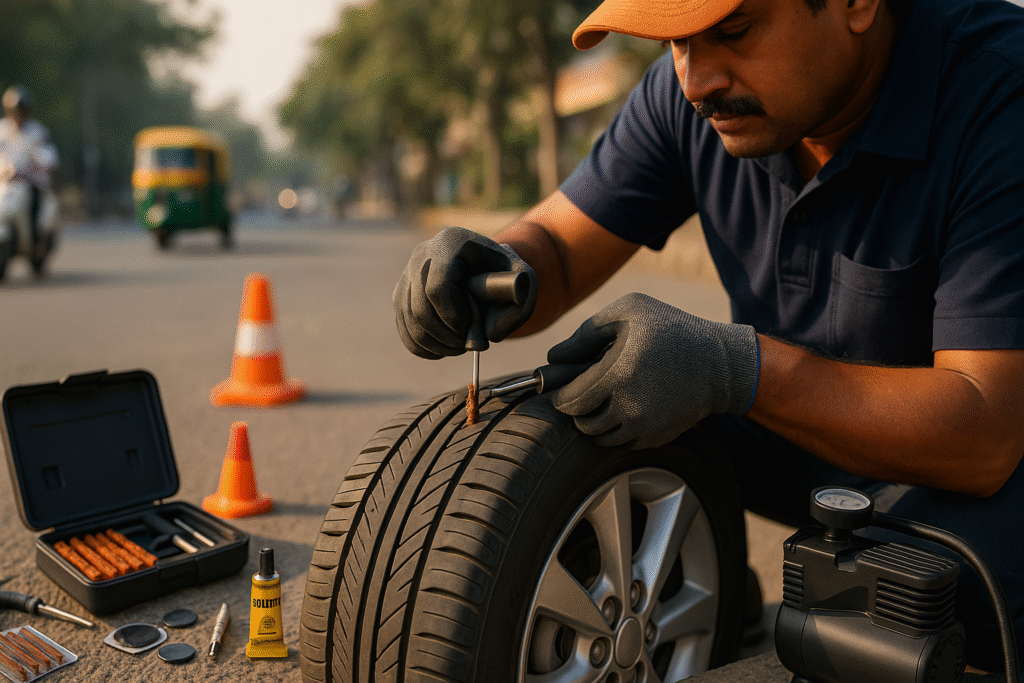 Mechanic performing the best tyre puncture repair in India