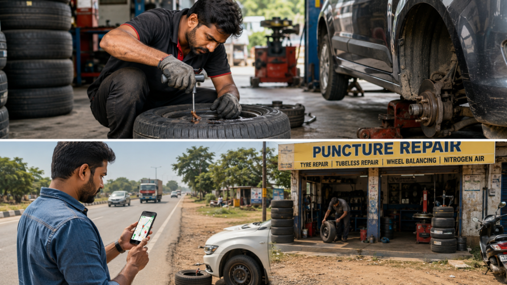 Driver finding a nearby tubeless tyre puncture repair shop