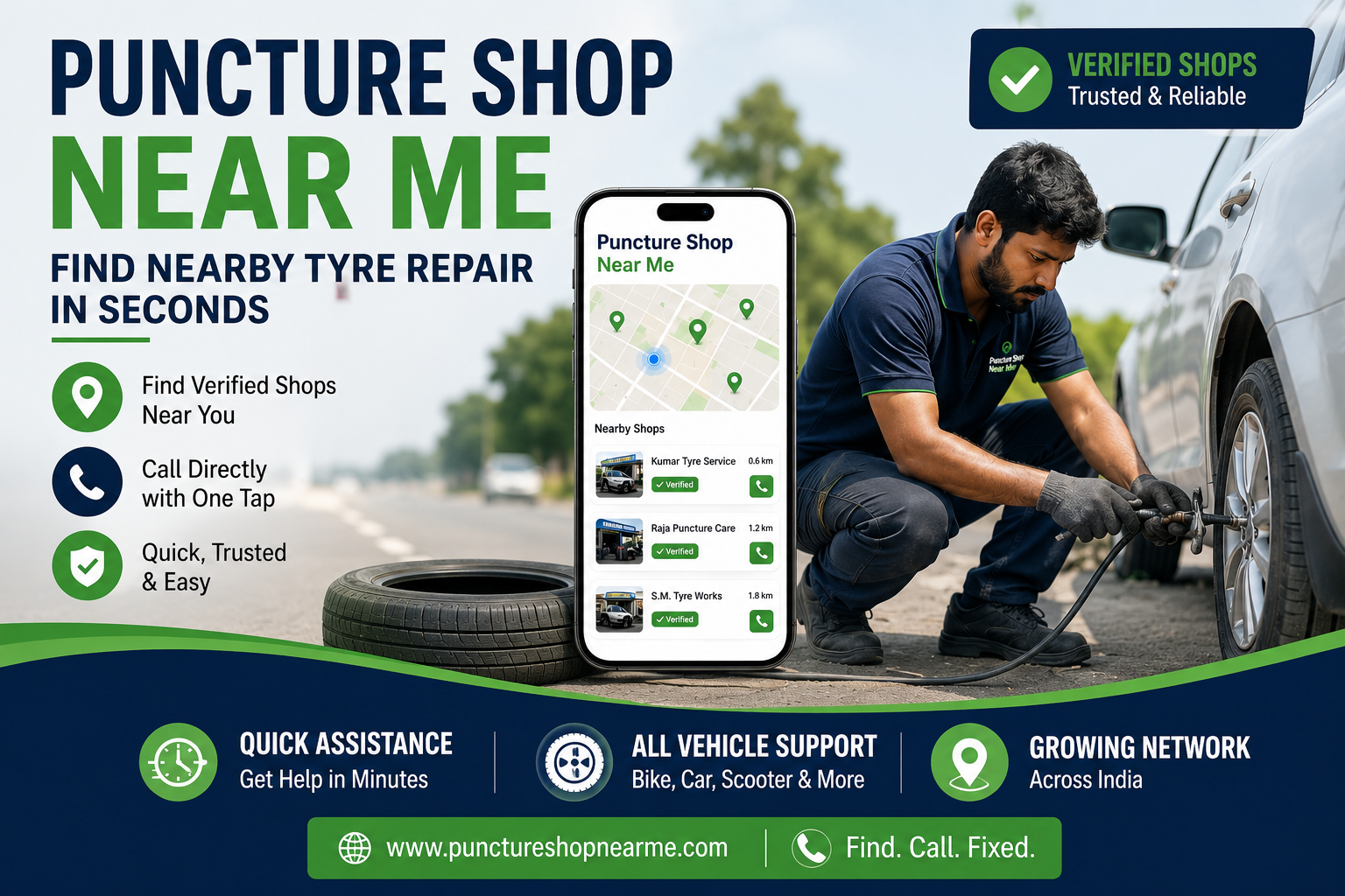 Mechanic repairing a car tyre while showing verified puncture shops near the customer's location.
