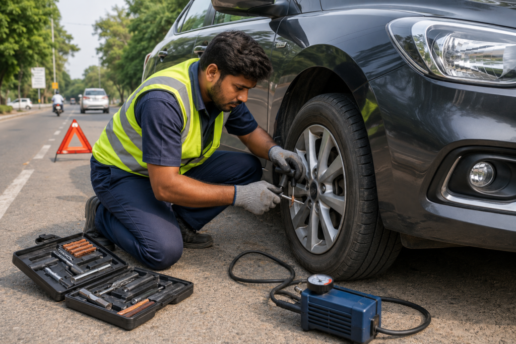 Car puncture repair near me – mechanic repairing a flat car tyre on the roadside