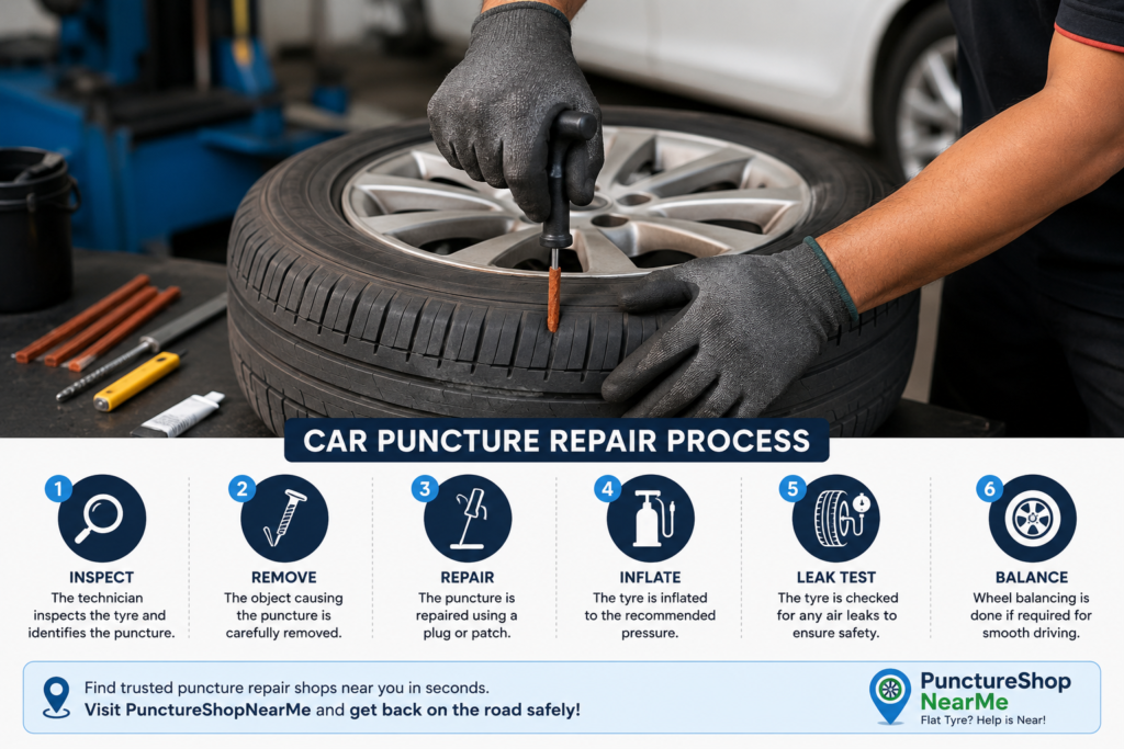 Car tyre puncture repair process showing a mechanic repairing a flat tyre using a professional tyre plug repair kit