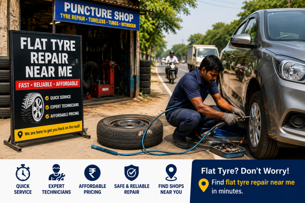 Flat tyre repair near me roadside mechanic repairing a car tyre in India