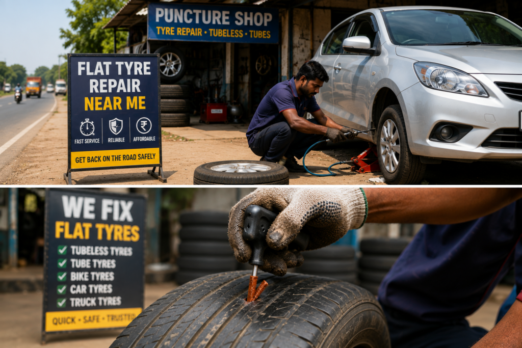 Professional flat tyre repair near me using tubeless tyre puncture repair tools