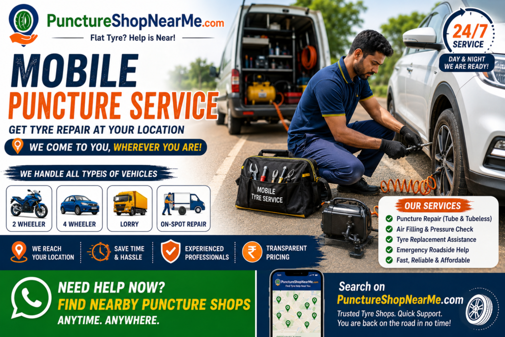 Mobile puncture service providing on-site tyre repair for a car