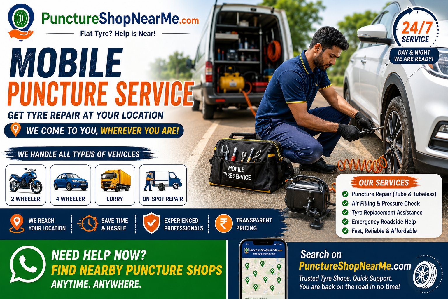 Mobile puncture service providing on-site tyre repair for a car