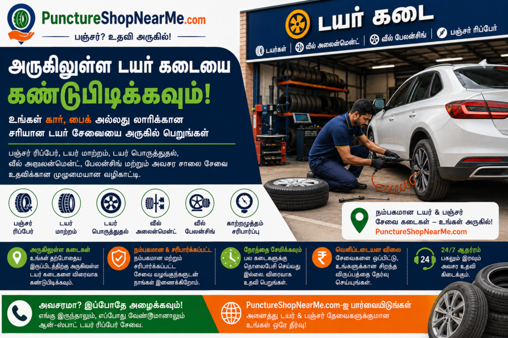 அருகிலுள்ள டயர் கடை – பஞ்சர் ரிப்பேர் மற்றும் டயர் சேவைகள்