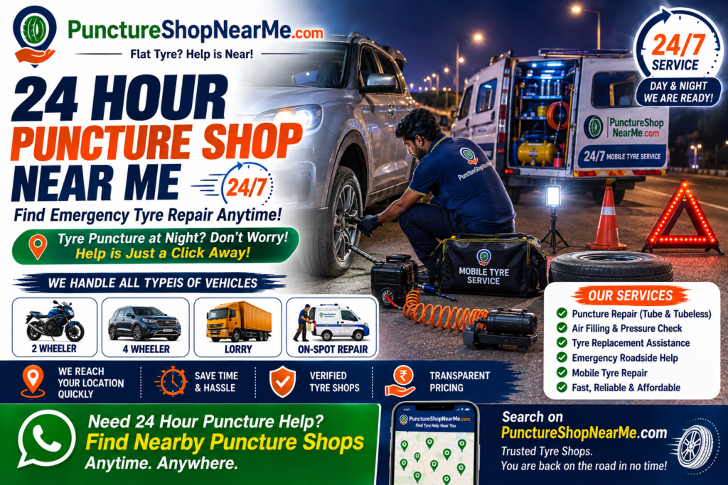 24 hour puncture shop near me providing emergency tyre repair at night