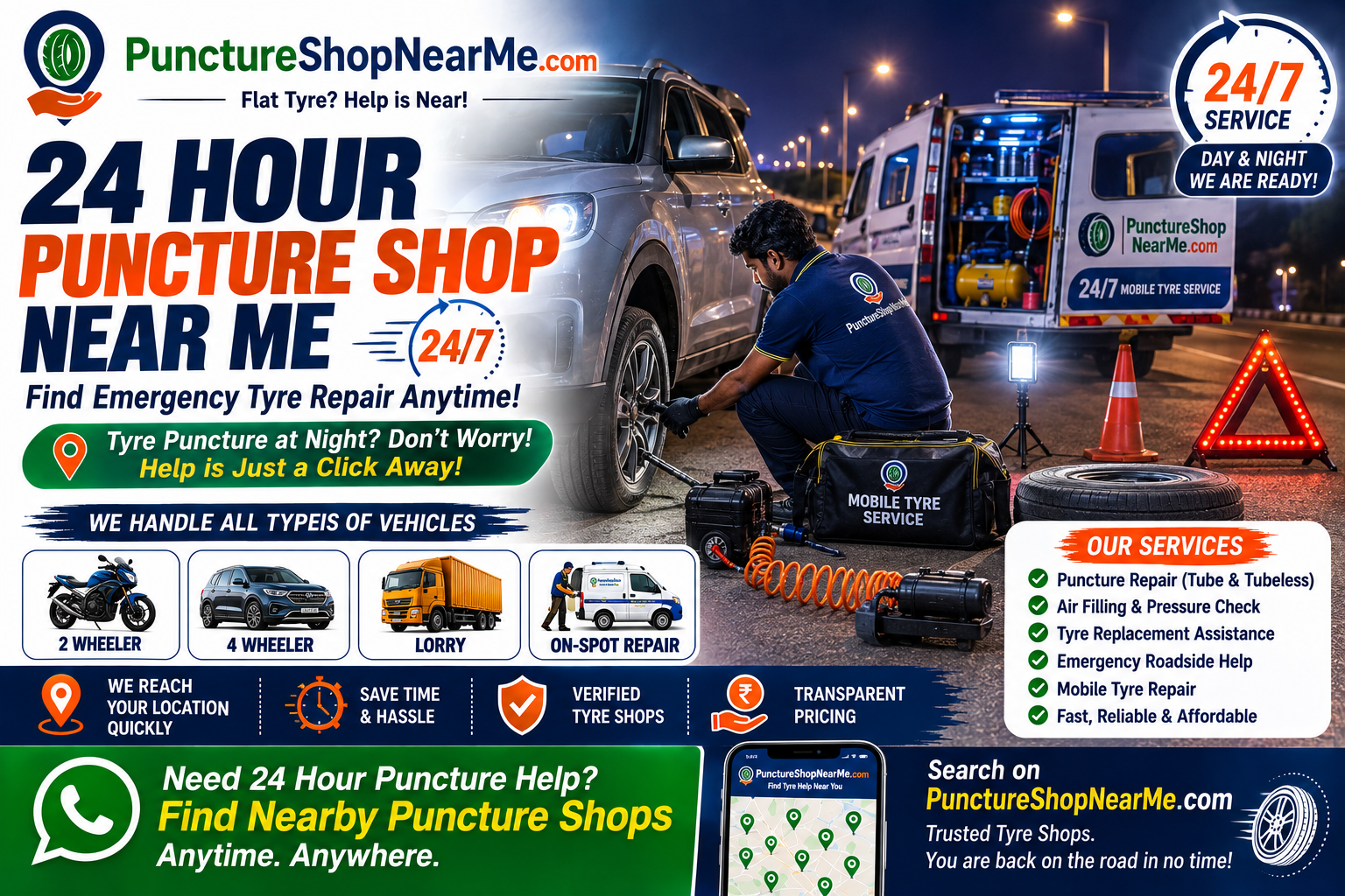 24 hour puncture shop near me providing emergency tyre repair at night