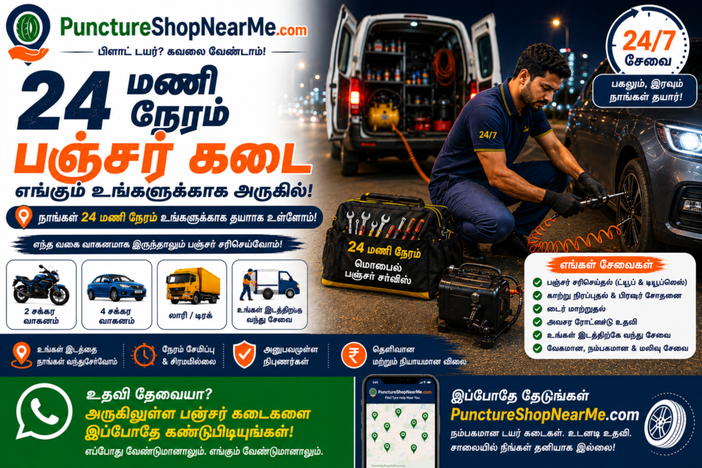 24 மணி நேர பஞ்சர் கடை அருகில் இரவு நேர டயர் பழுது பார்க்கும் சேவை