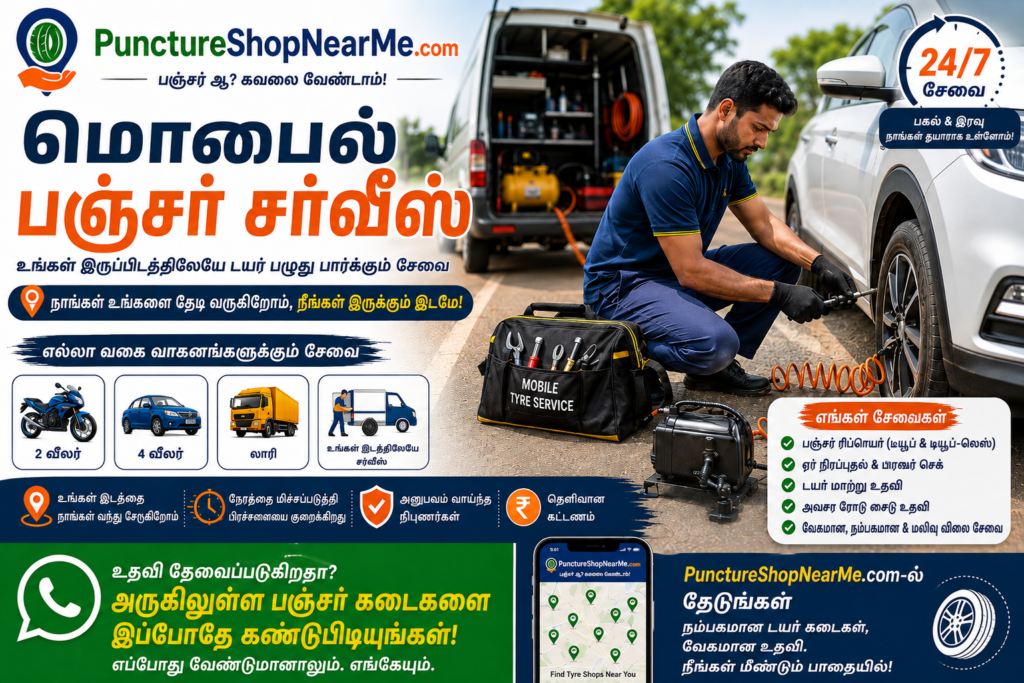 மொபைல் பஞ்சர் சர்வீஸ் மூலம் காருக்கு சாலையோர டயர் பழுது நீக்கம்