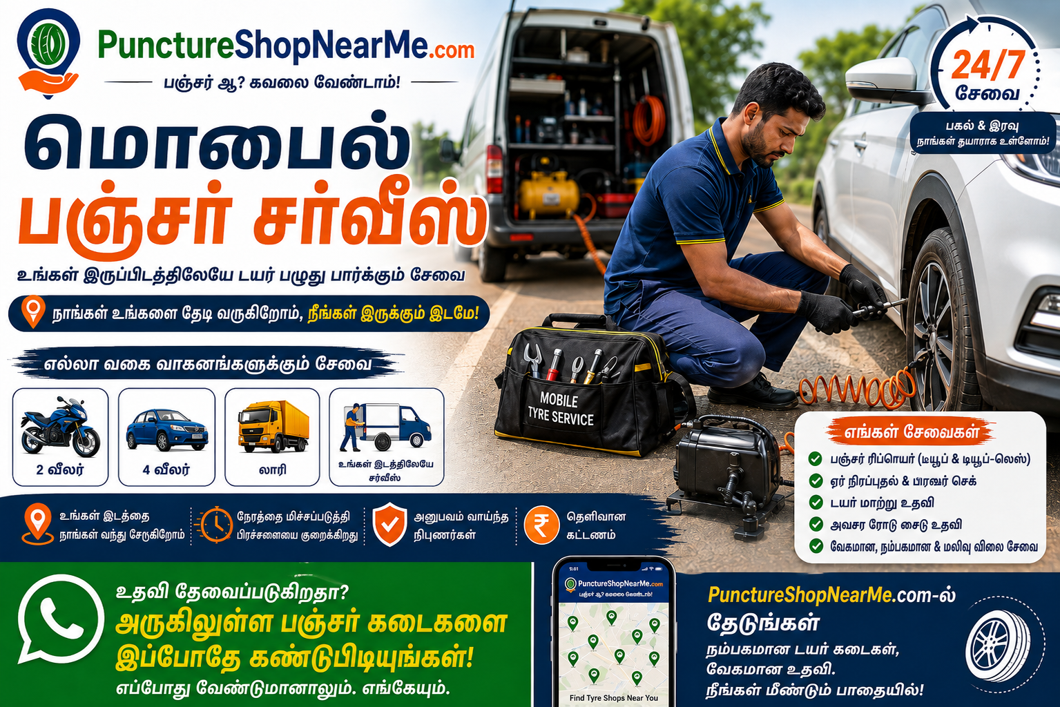 மொபைல் பஞ்சர் சர்வீஸ் மூலம் காருக்கு சாலையோர டயர் பழுது நீக்கம்