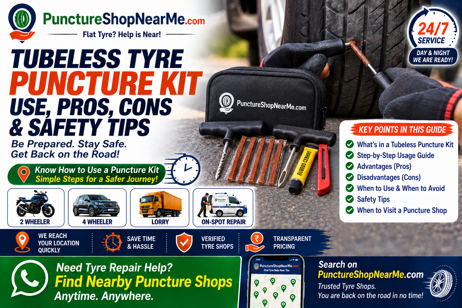 Tubeless tyre puncture kit for quick tyre repair