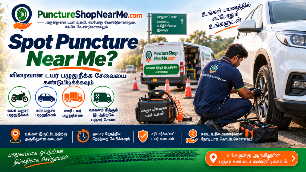 Spot puncture near me – பைக், கார் மற்றும் லாரிக்கான டயர் பஞ்சர் பழுதுநீக்க சேவை